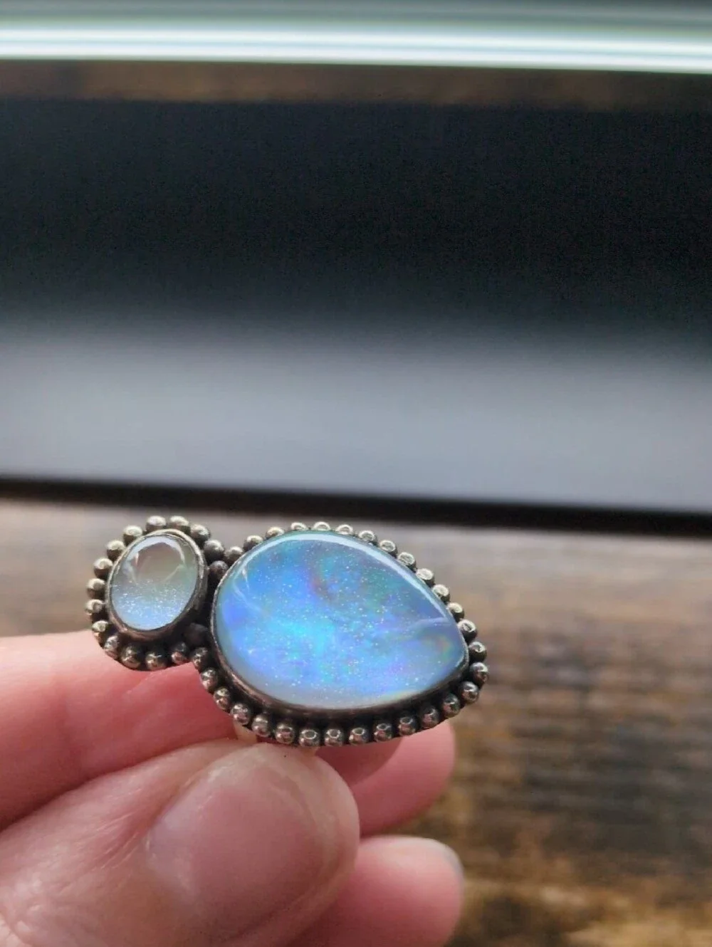 Opal Teardrop Double Stone Sterling-Style Ring in Iridescent Blue-Green